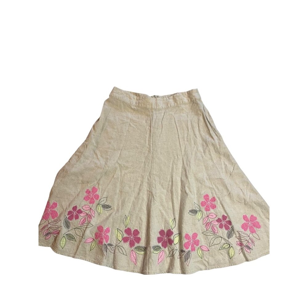 Vintage Christopher & Banks Womens Floral Embroidered Skirt 8 Beige Linen Blend